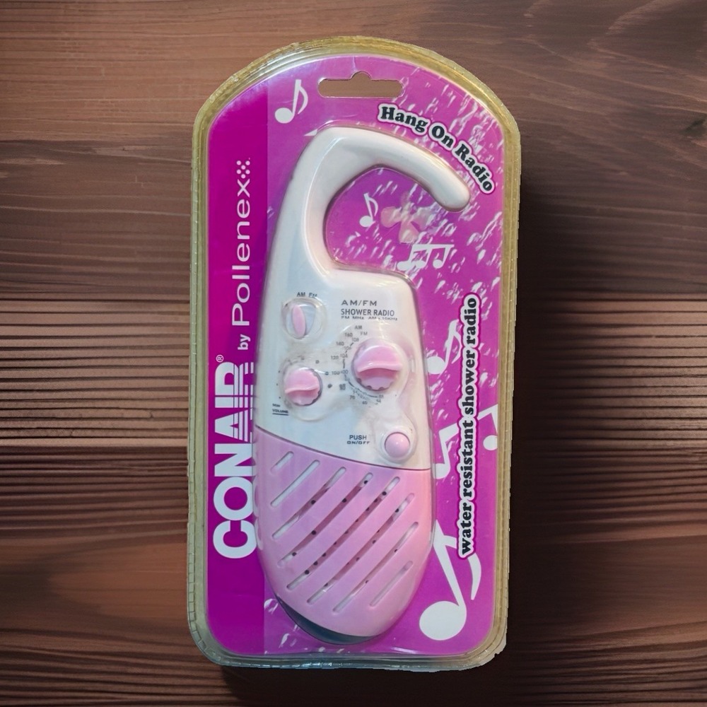 Conair Shower Radio Pollenex Pink White Water Resistant Hang Up AM FM Speaker